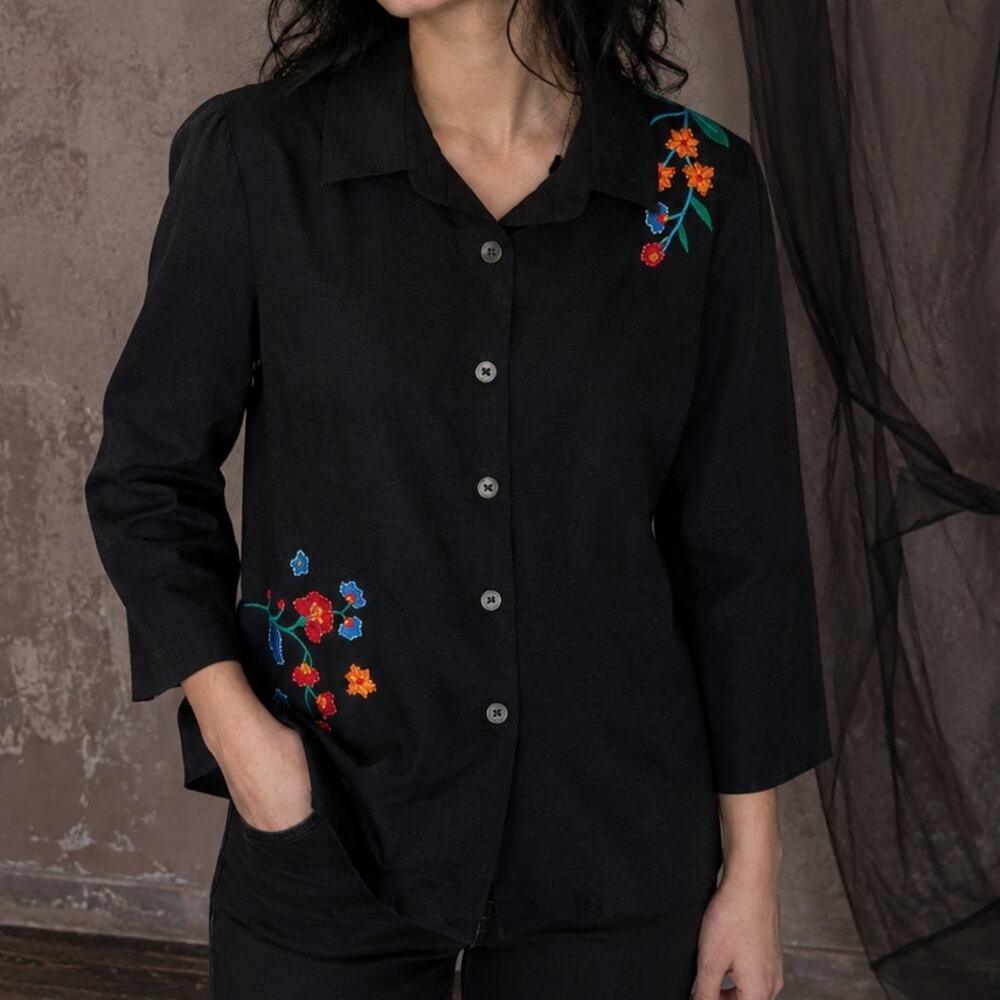 Silkland Black Embroidered Floral 100% Silk Button Front Jacket Medium